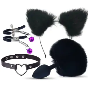 Kit Sado -  Rabo de Coelho Tiara de Orelhas Grampo e Gargantilha